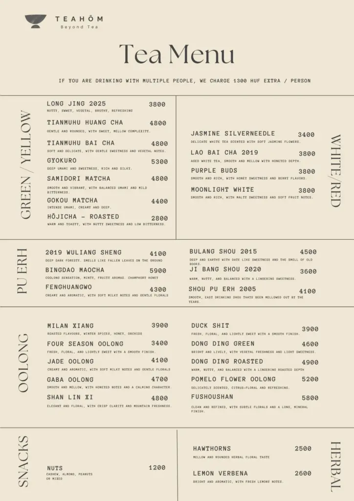Tea menu - Teahom Budapest